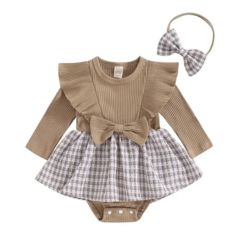 Одежда из 2 предметов для маленьких девочек, платье-ползунки с длинными рукавами и милой повязкой на голову для малышей, осень