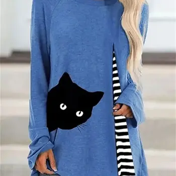 Осенний женский повседневный модный топ, Элегантный пуловер свободного размера с длинным рукавом и круглым воротом, футболка с принтом милого кота