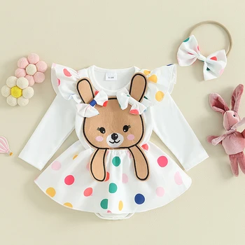 Пасхальные наряды для новорожденной девочки, платье с рисунком кролика, комбинезон с длинными рукавами и рюшами, мой первый пасхальный наряд