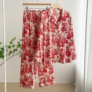 Пижама с длинными рукавами и брюками Pour Femme, Женский пижамный комплект, Весенне-осенняя шелковая атласная пижама, Свободная домашняя одежда с красным принтом, одежда для отдыха