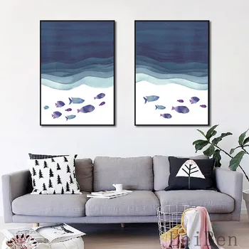 Плакат с мультяшной иллюстрацией, простая ручная роспись на холсте с синей морской рыбой для детской комнаты, Декоративная роспись для детской