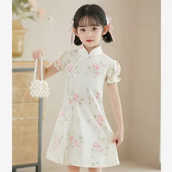 Платье Чонсам для девочек, детская одежда на китайский Новый год, платья из хлопка с цветочным рисунком, Ципао, винтажный китайский праздничный вечерний костюм
