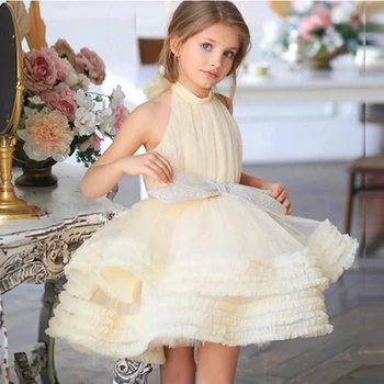 Подарок на день рождения для детей с сюрпризом для первого причастия, Прелестное газовое кружевное многослойное платье в цветочек для девочек, бальное представление принцессы