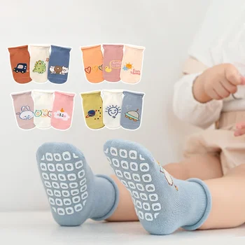 Раздаточные противоскользящие носки с закатанными краями для младенцев, детей младшего и среднего возраста, три пары свободных носков для батута