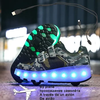 Размер 27-38 Светодиодные Колесные Кроссовки для Детей и Взрослых, Заряжающиеся через USB, Светящиеся Роликовые Туфли с Подсветкой, Двойные Колеса, Детская Обувь Для Скейтбординга