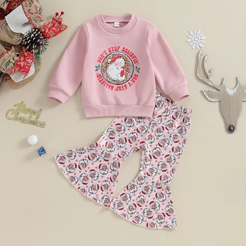 Рождественские детские комплекты одежды для девочек, толстовки с длинными рукавами и круглым вырезом с принтом Санта-Клауса, расклешенные брюки, рождественские наряды