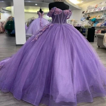 Роскошное Фиолетовое Бальное платье с 3D Цветами в виде Сердца, Пышное Платье 2024, Платье принцессы С Открытыми Плечами, Милое Платье 16, vestidos