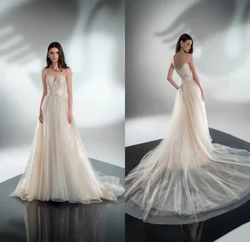Роскошные свадебные платья трапециевидной формы с кружевными аппликациями, платья принцессы для невесты, элегантные вечерние женские платья для пляжной вечеринки 2024 года