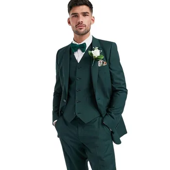 Темно-зеленый мужской костюм, 3 предмета, деловой Повседневный Тонкий костюм для свадебной вечеринки, смокинги, банкетный комплект для жениха, Пиджак, жилет с брюками