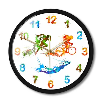 Триатлон Всплеск Краски Искусство Металлический Каркас Настенные Часы Плавание Езда На Велосипеде Бег Триатлет Домашний Декор Бесшумные Настенные Часы Для Спальни