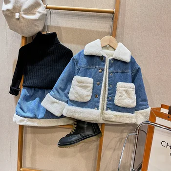 Утепленные Зимние Корейские Джинсовые куртки для девочек, комплект с юбкой, Новое Модное Детское теплое пальто, Джинсовая юбка-полукомбинезон, Комплект из двух предметов, от 2 до 7 лет
