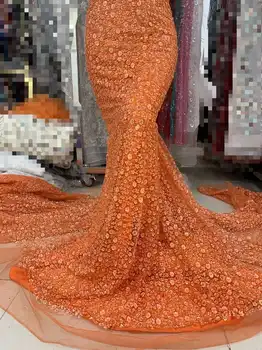 Французская кружевная ткань оранжевого цвета 24H-42008, вышитая африканская сетка с пайетками и множеством бусин для вечернего платья для леди