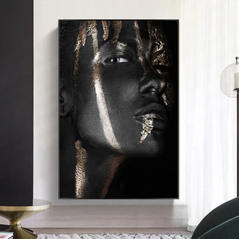 Черно-золотая Африканская женщина, картина на холсте, искусство макияжа, плакаты и принты для девочек, художественная картина на стену для декора гостиной