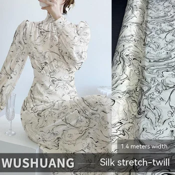 Шелковая Стрейч-саржевая ткань с цифровым принтом, Весенне-летнее платье-рубашка с геометрическим рисунком, Серебристо-белые драпированные Модные ткани по метру