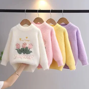 Шикарный Новый осенне-зимний толстый пуловер, свитера, вязаный свитер для девочек, детская одежда для девочек с цветами, одежда для маленьких девочек GY11051