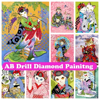 Японское кимоно Cat 5D DIY AB Алмазная живопись, мозаика, Мультяшное искусство, Вышивка крестом, стразы, вышивка ручной работы, подарок для домашнего декора
