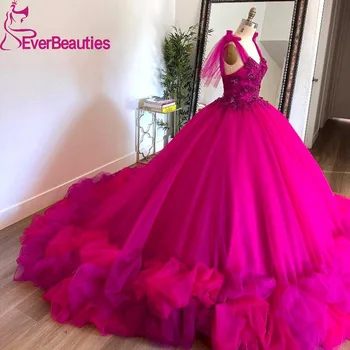 Ярко-Розовое Бальное платье, Пышные Платья, Тюлевые Аппликации, Милое 16-летнее Платье для юниоров, Роскошное Vestidos De 15 Quinceañera